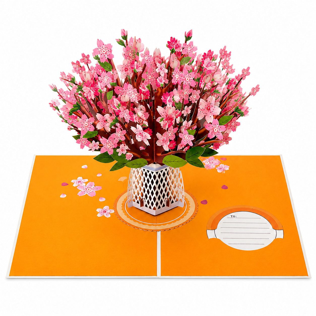 Custom 3D Pop Up Cherry Blossom Flower Greeting Card Set, Personalized Laser-Cut Floral Greeting Card with Envelope and Message Tag