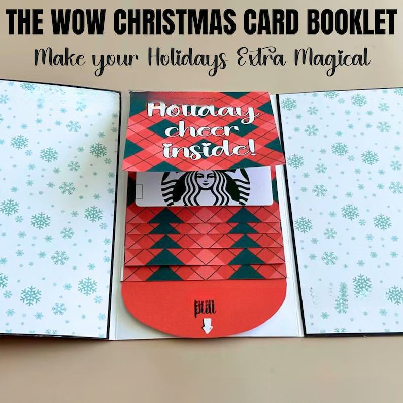 Custom Christmas Gift Card Holder Book, Personalized Waterfall Multi-Card Booklet with Holiday Cheer Design and Envelope