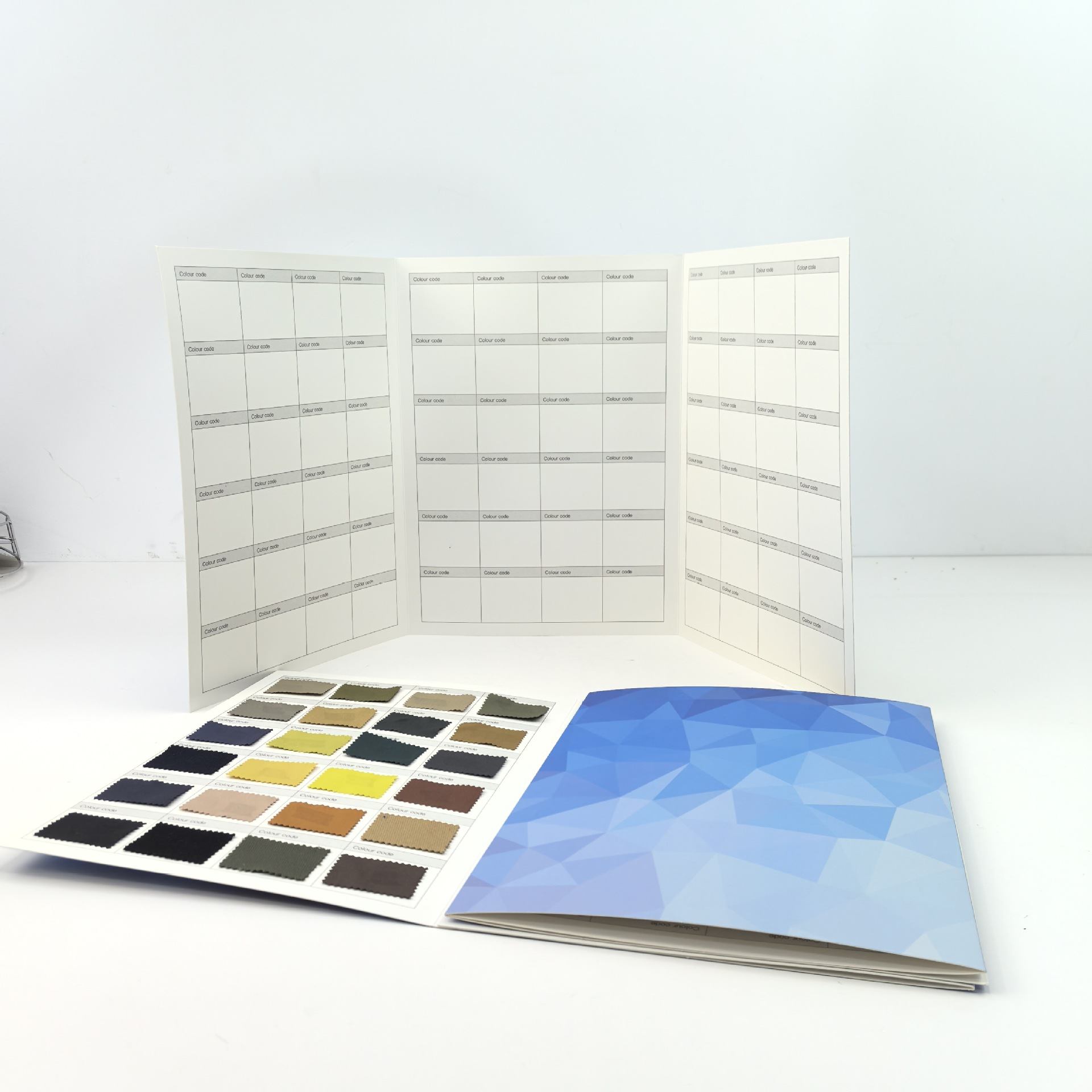 Custom Tri-Fold Fabric Sample Book, Personalized Textile Swatch Card Folder, and Folding Color Deck Display with Grid Layout and Brand Logo for Garment and Upholstery Materials
