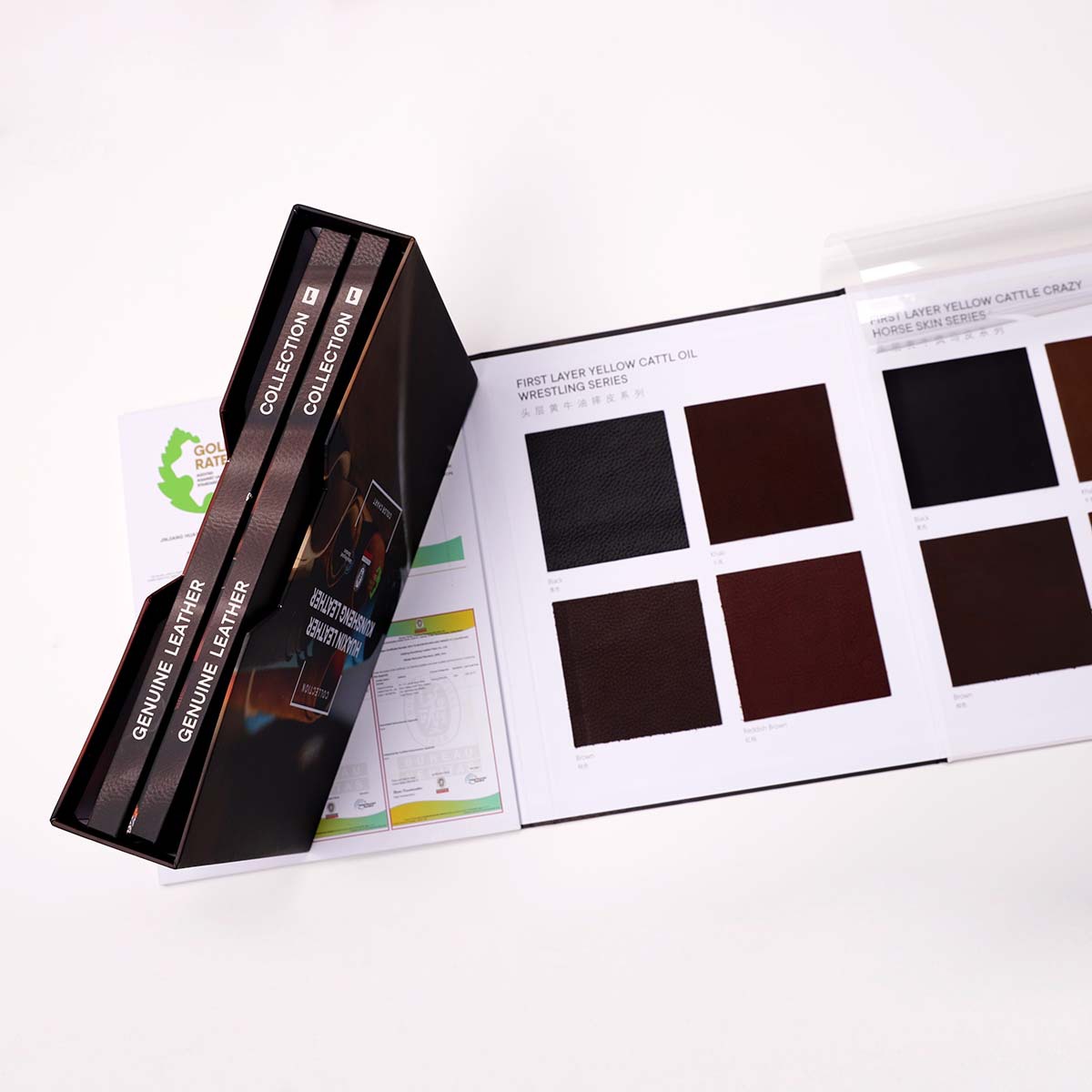 Custom Leather Swatch Folder, Genuine Leather Sample Book & Fold-Over Material Presentation Binder with Slipcase